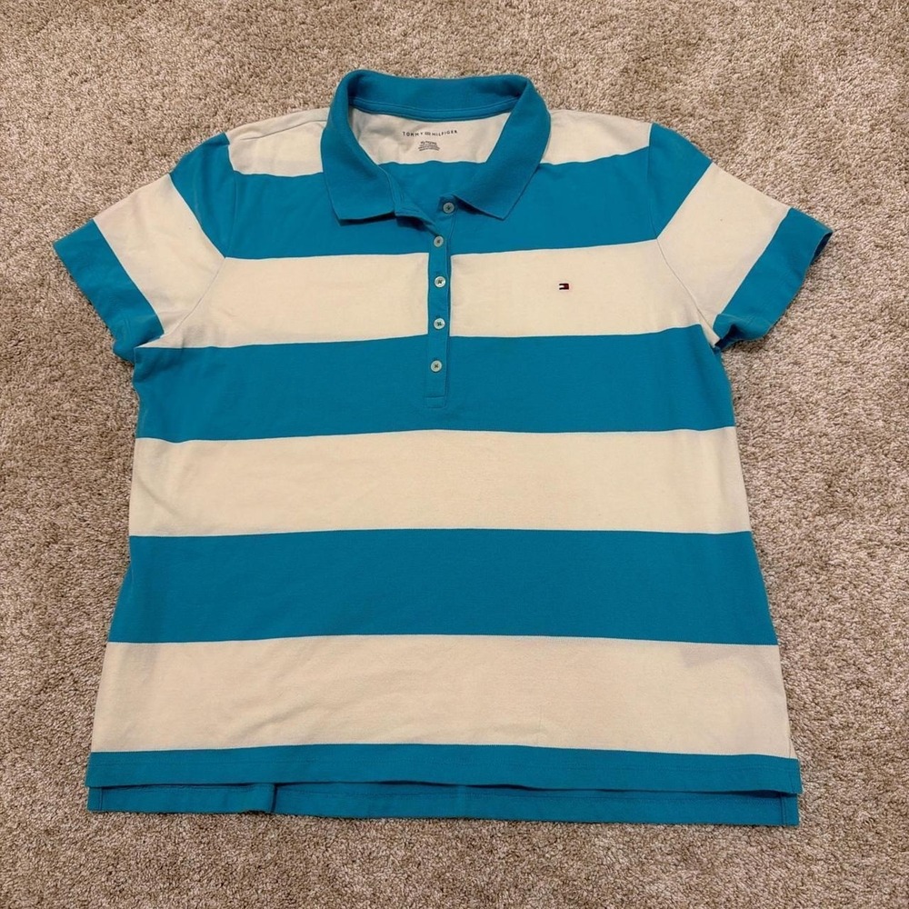 Tommy Hilfiger Striped Polo Shirt | Teal & Cream | XL